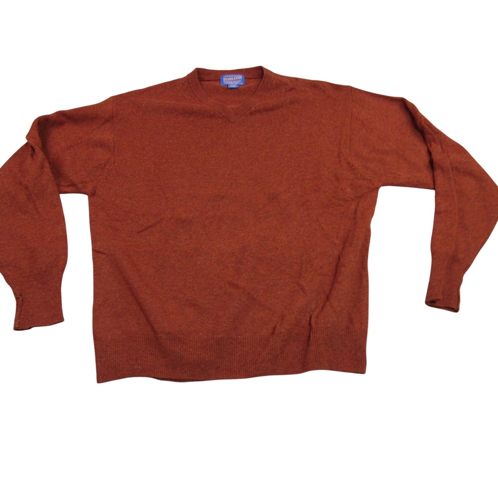 Pendleton Mens Rust Orange 100% Lambswool V-Neck Sweater Size Large Fine Knit